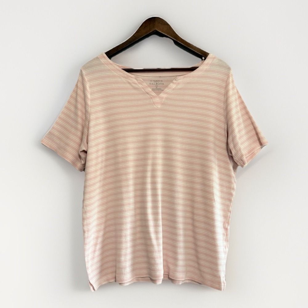 The Talbots Tee Shirt Cotton Split Neck Top Pink Danbury Strip Casual Classic 1X